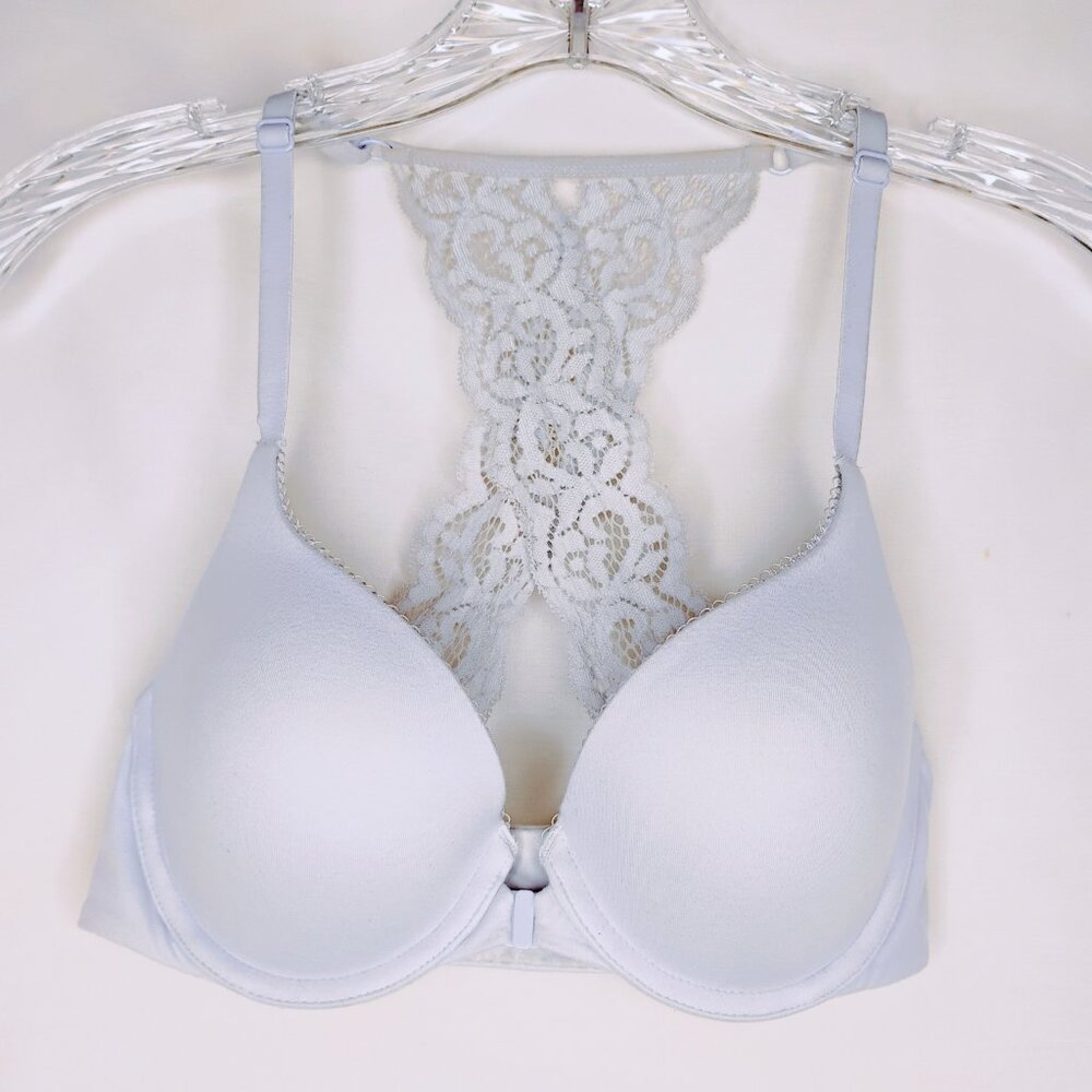Victoria's Secret Bra Push Up Padded Comfy Front Close Lace Racer Gray Blue 32C - Picture 4 of 16